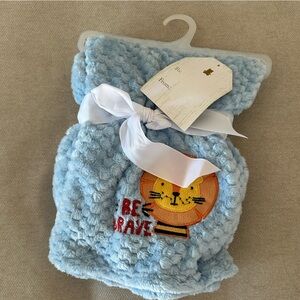 Blue Fuzzy Blanket with Bear Embroidery